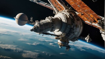 Space station orbiting planet with a satellite - obrazy, fototapety, plakaty