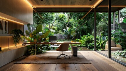 A Serene Home Office Space Designed with Biophilic Elements, Integrating Technology and Nature for the Ultimate Remote Working Experience