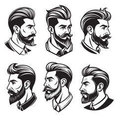 A set of flat illustrations of male faces with a beard and mustache in profile for logo designs for barbershops and products for men.