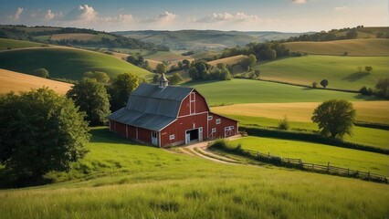 Iconic red barn in a pastoral countryside landscape