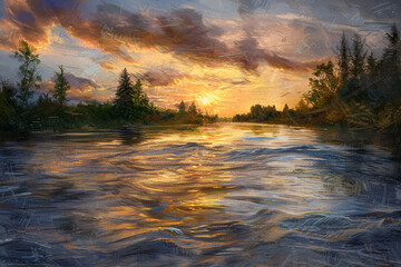 Impressionism, a river at sunset.