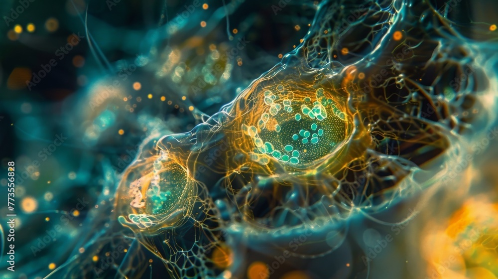 Poster a microscopic snapshot of plant root cells with their distinct organelles and intricate network of c