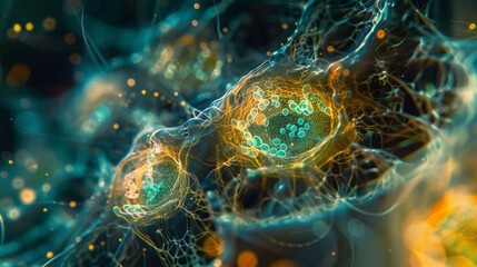A microscopic snapshot of plant root cells with their distinct organelles and intricate network of cytoskeleton fibers.