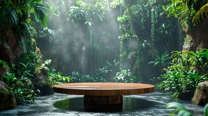 A product presentation podium that merges natural elegance and refined sophistication against the vibrant green backdrop of a lush tropical forest - obrazy, fototapety, plakaty