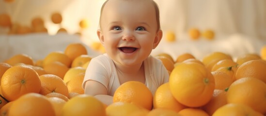 Happy infant grinning surrounded by a pile of fresh oranges, exhibiting pure joy and innocence