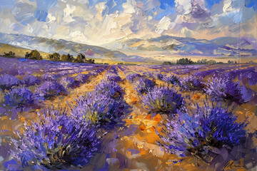Lavender fields are depicted in a canvas original oil painting. Impressionist modernism.