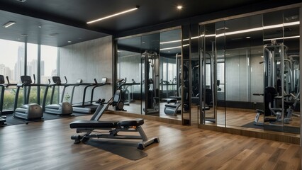 Fototapeta na wymiar Modern gym with equipment and mirrors