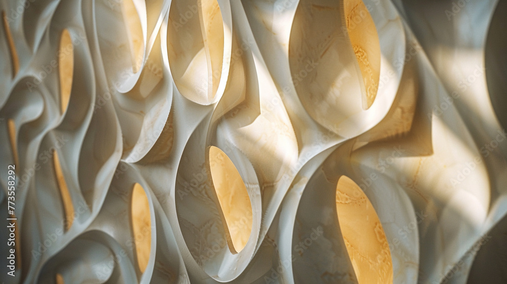 Poster light and shadow play on abstract surfaces of a visually dynamic decorative wall,