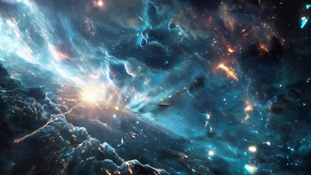 A spectacular battle scene unfolding in outer space. Multiple spaceships engaged in intense crossfire. Missiles and beams flying between ships, explosions occurring. 