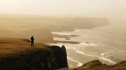 A lone figure standing at the edge of a cliff back facing the camera seemingly lost in thought as...