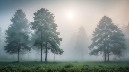 Serene foggy forest at sunrise