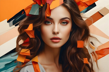 Digital portrait featuring a woman with a striking gaze amidst geometric paper-like cutouts in vibrant colors - Powered by Adobe