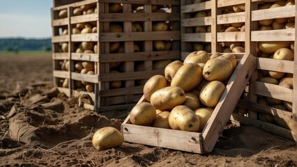 Freshly harvested potatoes in crates on soil