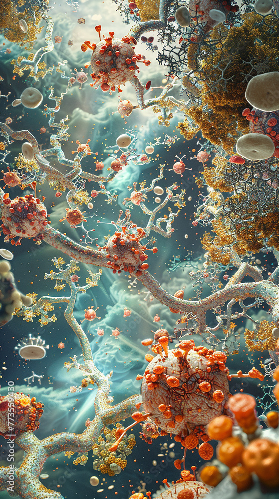 Poster microscopic visions of cellular symphonies, where molecular structures weave together in a mesmerizi