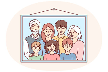Family photo portrait in frame with teenage children and gray-haired grandparents hangs on wall. Parents and three kids smile to capture happy moments during Sunday get together. Flat vector design