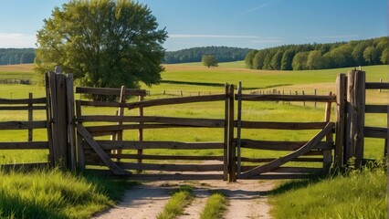 Country gate leading to a green field