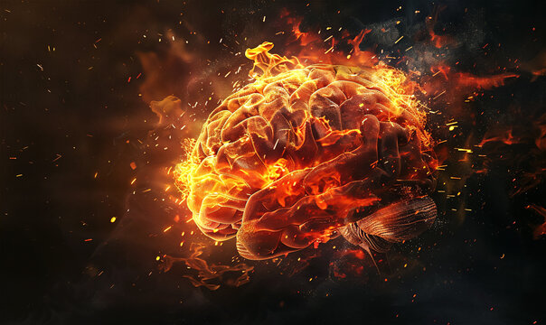 Side view of Brain on fire, exploding brain