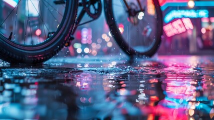 A closeup of a bicycle tire rolling through puddles of rain on a wet city street its metallic surface catching the vibrant reflections of neon lights above.