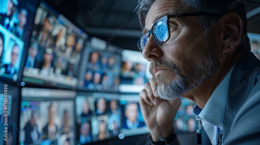 Poster over-the-shoulder view of a security professional analyzing live feed with face recognition technolo
