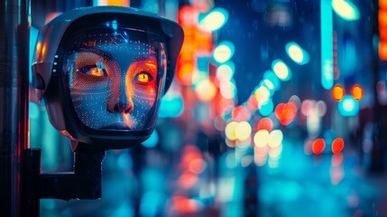 Night-time scene of a street surveillance camera with an illuminated face recognition interface, scanning for identities - obrazy, fototapety, plakaty