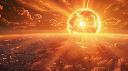 Hot world, Heat wave. Solar flares illuminate a too close sun, Earth's cities shield under domes, a fight against global warming