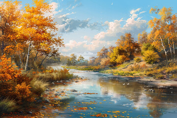 Painting of a river in the autumn on a nice day.