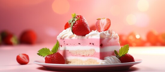 Indulge in a tempting dessert featuring a moist cake topped with juicy, red strawberries arranged on a ceramic plate