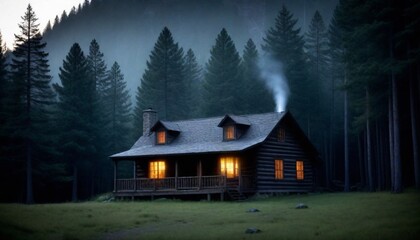 dark and mysterious Secluded mountain cabin nestle - obrazy, fototapety, plakaty