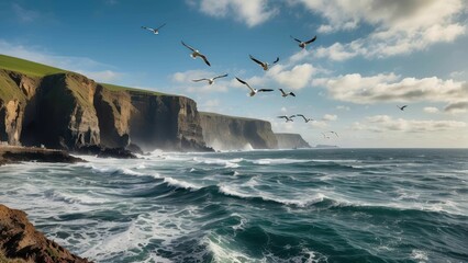 Cliffs by the sea with flying seagulls