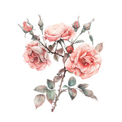 branch of pink roses isolated on white background. Watercolor illustration. - 773562817