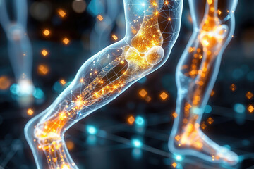 A person's leg is shown in a 3D image with glowing bones and joints