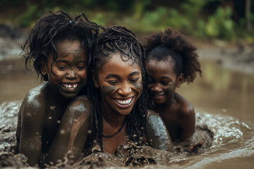 Happy Mother's Day, Children's Day, family fun, mother playing with her children on a rainy day, playing in the mud, in the mud puddle, happy child, smiling woman, mother and children, fun and love