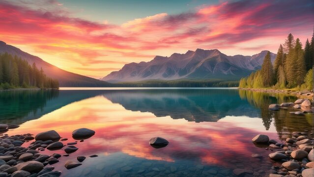 Mountain lake at colorful sunset