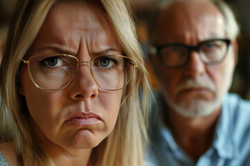 A woman and a man with glasses look forward with concerned expressions.