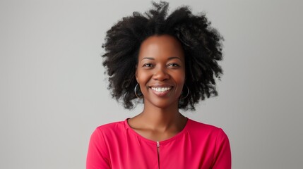 Confident welcoming smart African American business woman portrait, copy space.