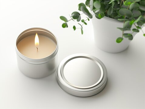 Lighted tin candle next to potted plant, blank white home decoration background.
