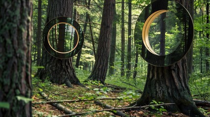 Mirrors hanging in forest, surreal scene in real world, concept of virtual world, nature forest power, fantasy scene, spring creative backgrounds.