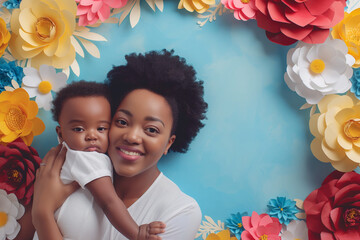 happy mother's day, mother's day gift, mother and child, family, women's day, beautiful smiling woman holding her son in her lap small child, happy home, floral background