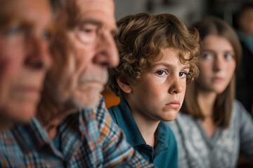 A family line-up with focus on a boy, showing generational differences and emotions.