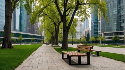 Serene urban park with modern skyline