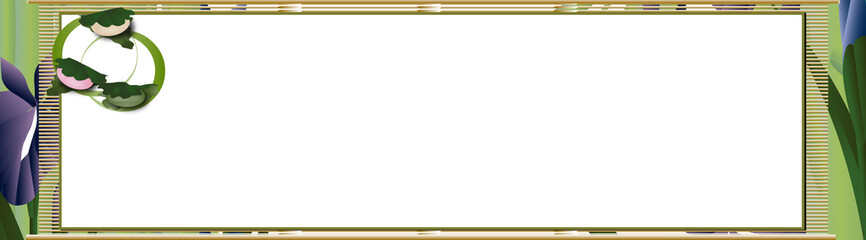 菖蒲の花と竹の前にすだれに色紙のメッセージボードがあるバナー素材柏餅を添えてある