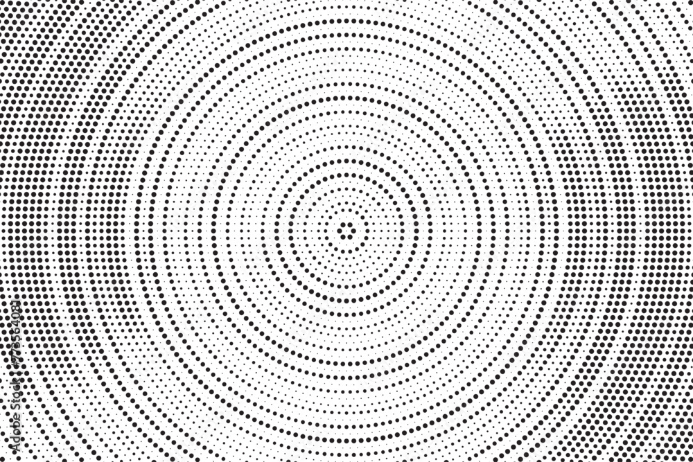 Poster Halftone pattern background with radial effect, round spot shapes, vintage or retro graphic with place for your text. Dotted design element for various purpose.  