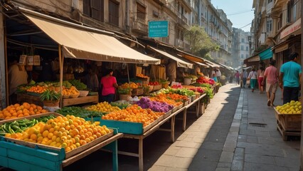 Bustling street market in sunny backdrop
