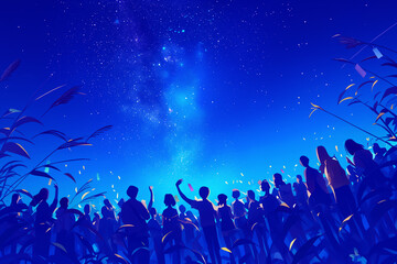 Fototapeta na wymiar 夏の満天の星の夜空を仰ぐ七夕のイベントの人々