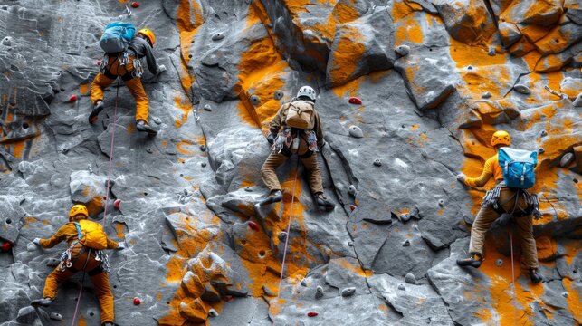 Energized adolescents ascend rocky terrains, embodying the essence of sportsmanship. Their determination echoes against the cliffs.
