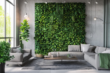 Vertical green wall in a living room interior.