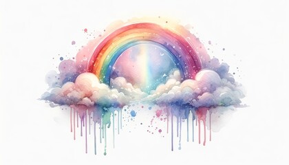 A whimsical watercolor of a colorful rainbow arched over fluffy clouds with paint drips. - obrazy, fototapety, plakaty