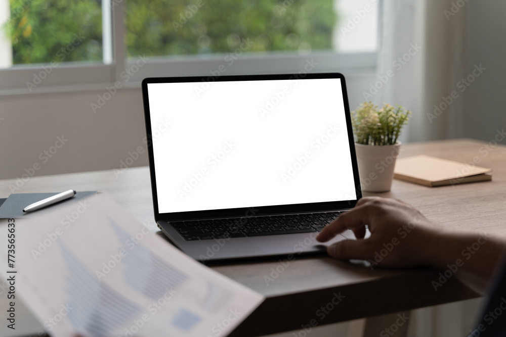 Poster young man working businessman using a desktop computer of the blank screen