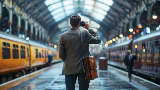 A businessman stands with briefcase by side back turned towards the camera as talks on phone. The train station . .