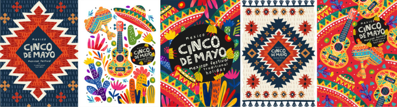 Mexico and the Mexican holiday Cinco de Mayo. Vector abstract illustrations of guitar, maracas, sombrero hat, ornament, Mexican pattern, cactus for background, greeting card or poster